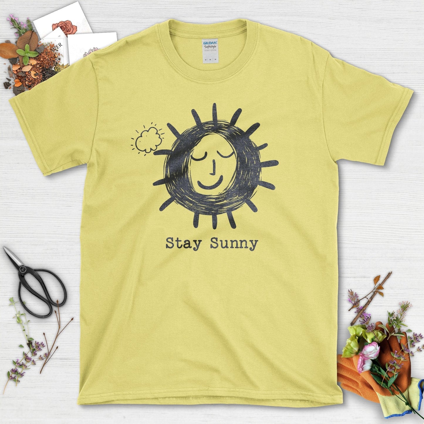 Stay Sunny Graphic Sun and Cloud T-Shirt Cornsilk / S T-Shirt