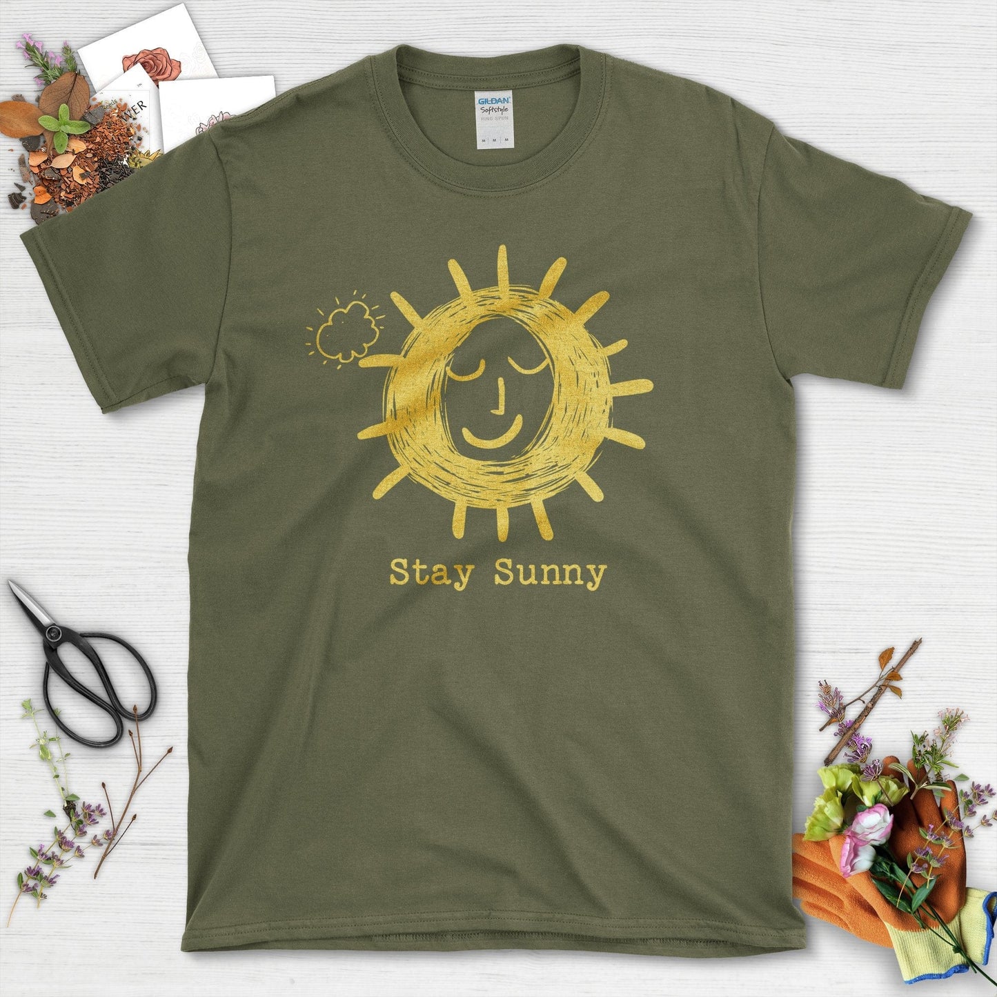 Stay Sunny Graphic Sun and Cloud T-Shirt Military Green / S T-Shirt