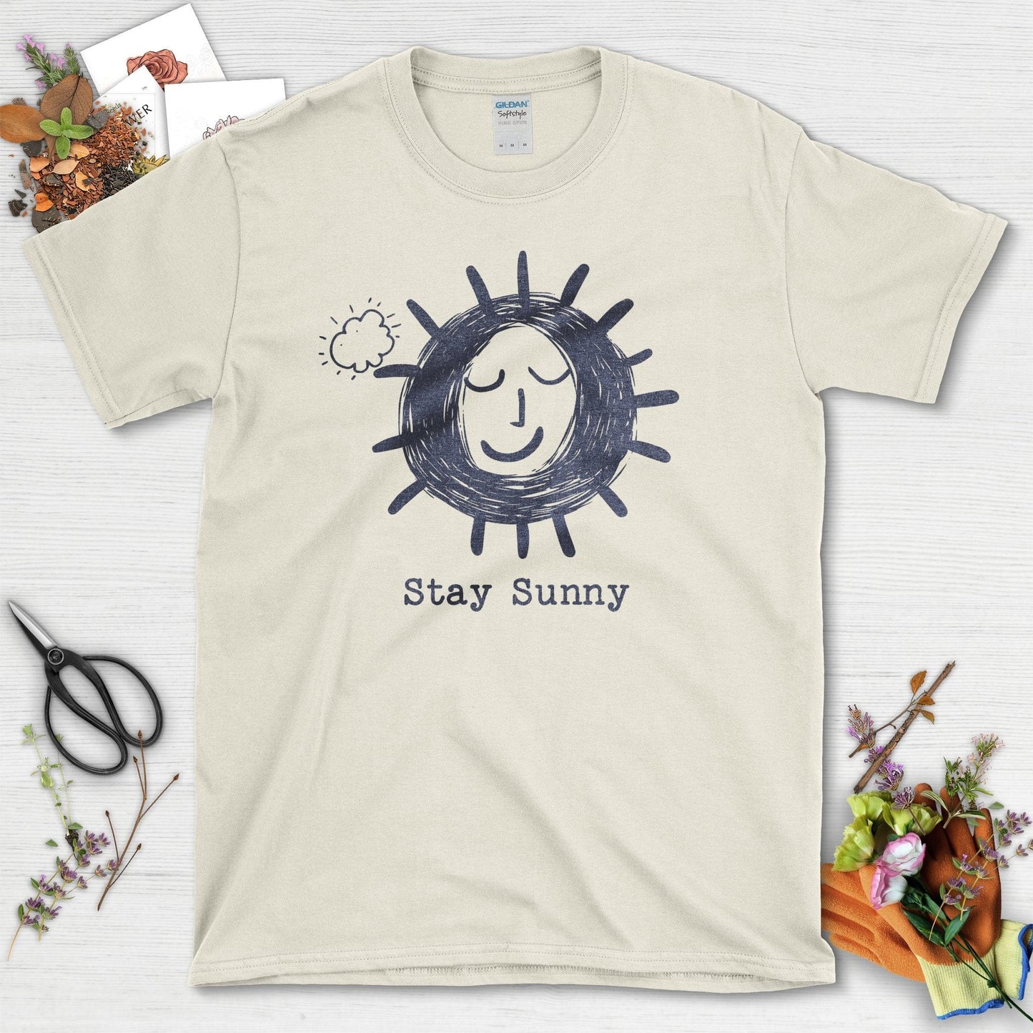 Stay Sunny Graphic Sun and Cloud T-Shirt Natural / S T-Shirt