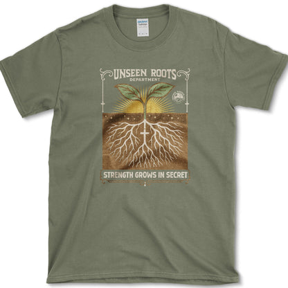 Strength Grows in Secret T-Shirt Essential Tees / S / Military Green Physical Item