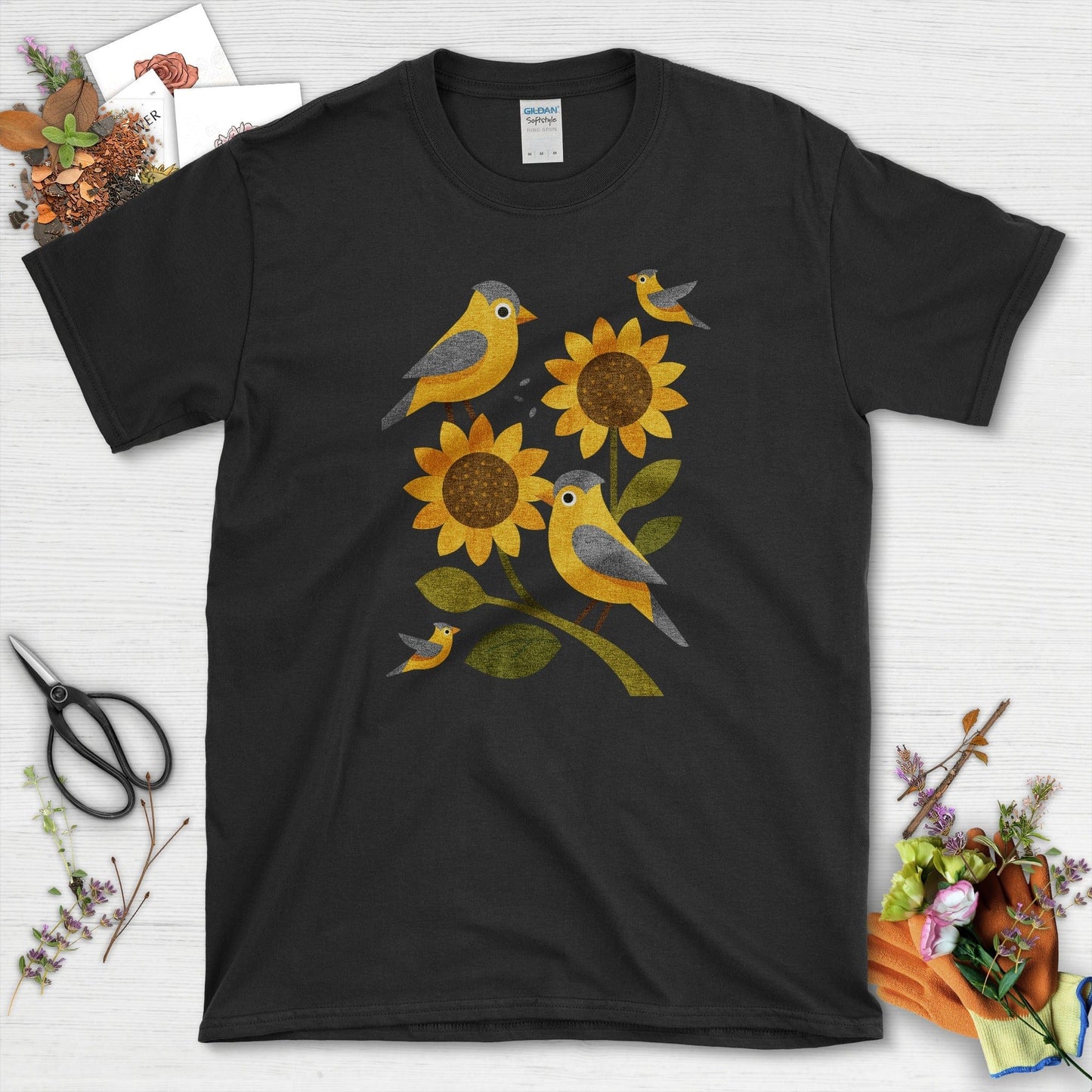Sunflowers Birds Garden Life T-Shirt T-Shirts / S / Black Physical Item