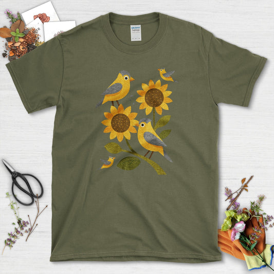 Sunflowers Birds Garden Life T-Shirt T-Shirts / S / Military Green Physical Item