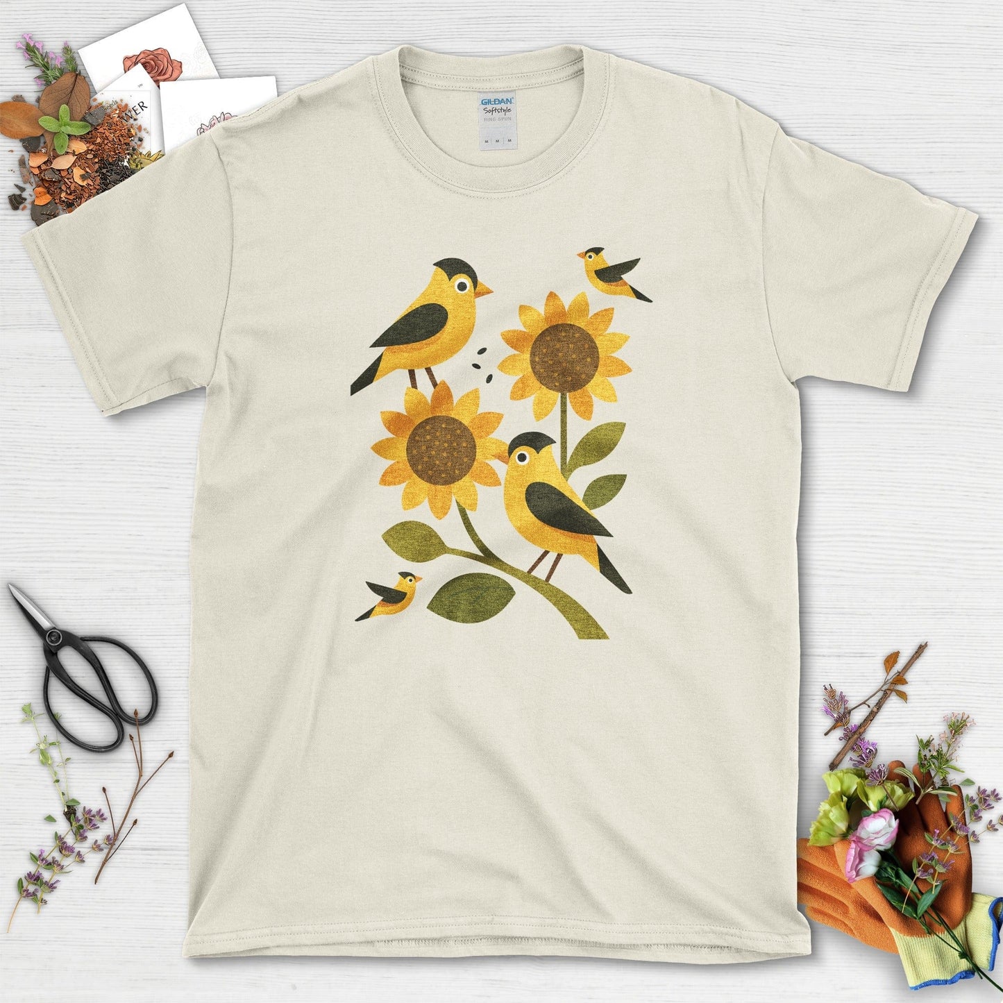 Sunflowers Birds Garden Life T-Shirt T-Shirts / S / Natural Physical Item
