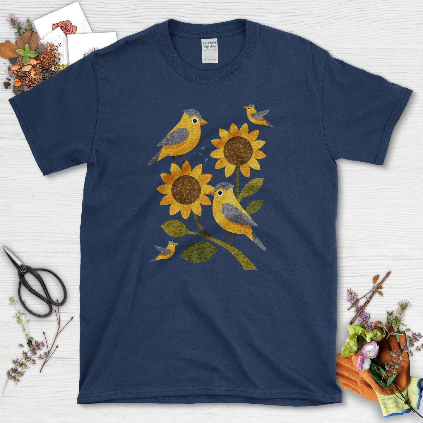 Sunflowers Birds Garden Life T-Shirt T-Shirts / S / Navy Physical Item