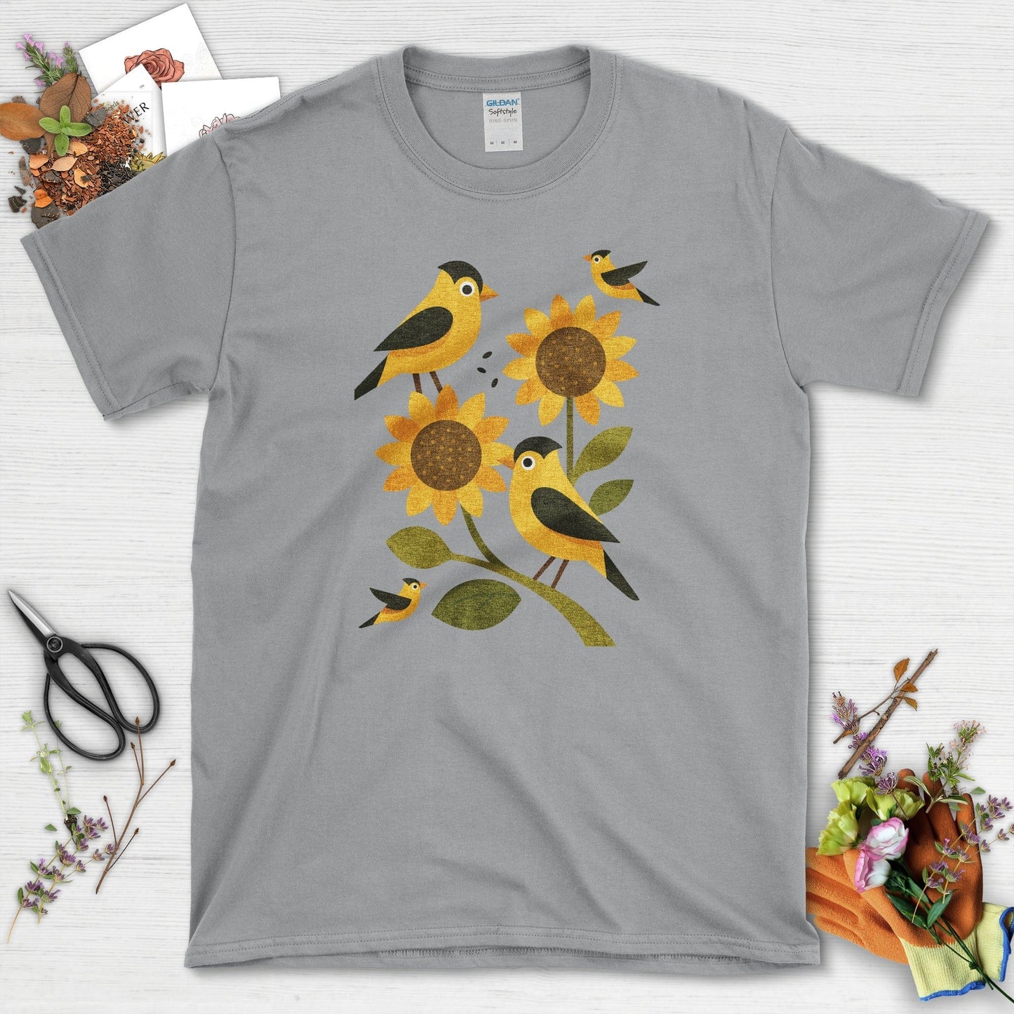 Sunflowers Birds Garden Life T-Shirt T-Shirts / S / Sport Grey Physical Item