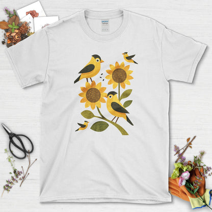 Sunflowers Birds Garden Life T-Shirt T-Shirts / S / White Physical Item