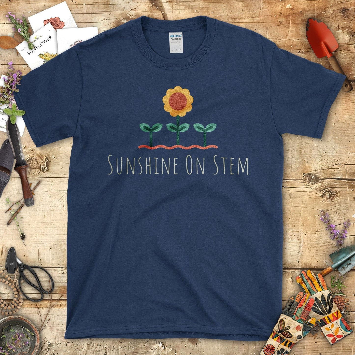 Sunshine On Stem Cute Plants and Sunflower Designer T-Shirt Navy / S T-Shirt