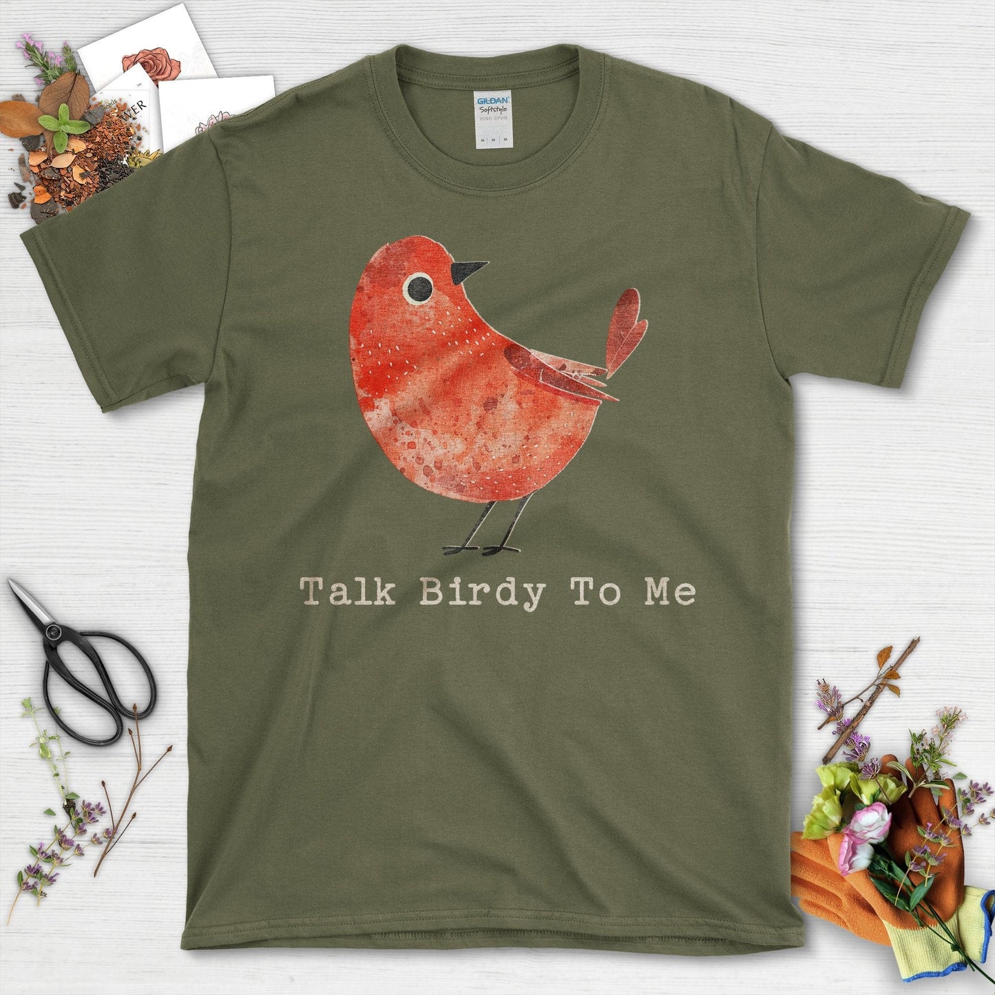 Talk Birdy To Me Artistic Red Bird T-Shirt Military Green / S T-Shirt