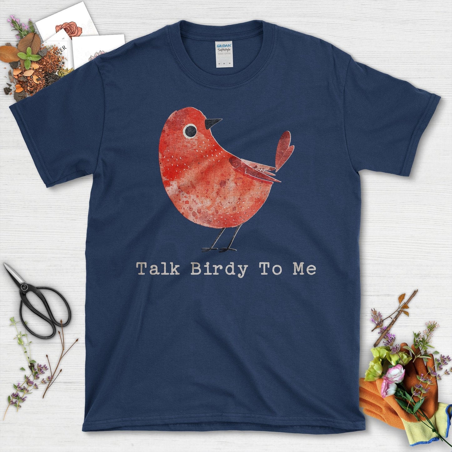 Talk Birdy To Me Artistic Red Bird T-Shirt Navy / S T-Shirt