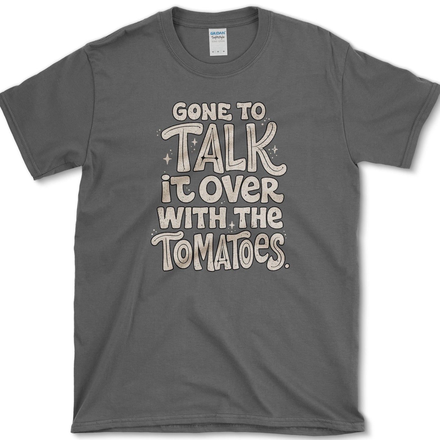 Talk With Tomatoes design featuring tomatoes artwork on a t-shirt
