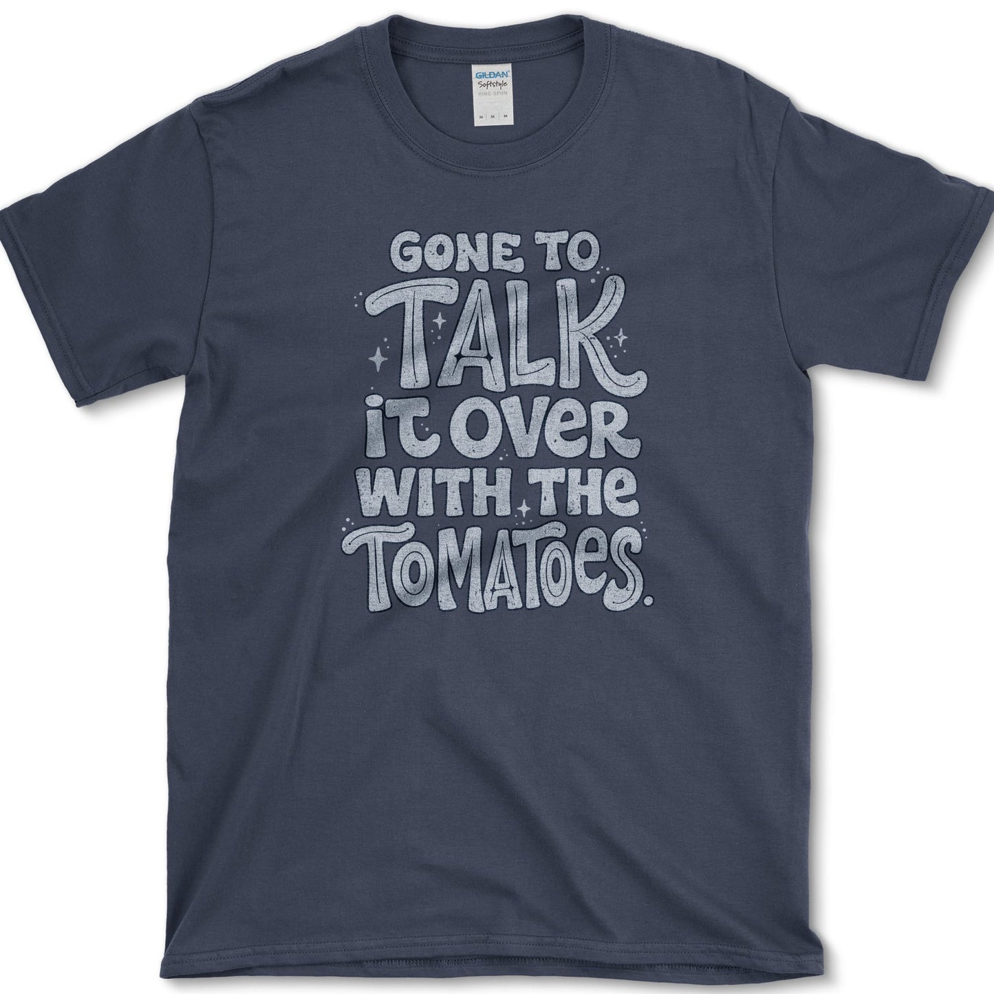 Talk With Tomatoes design featuring tomatoes artwork on a t-shirt