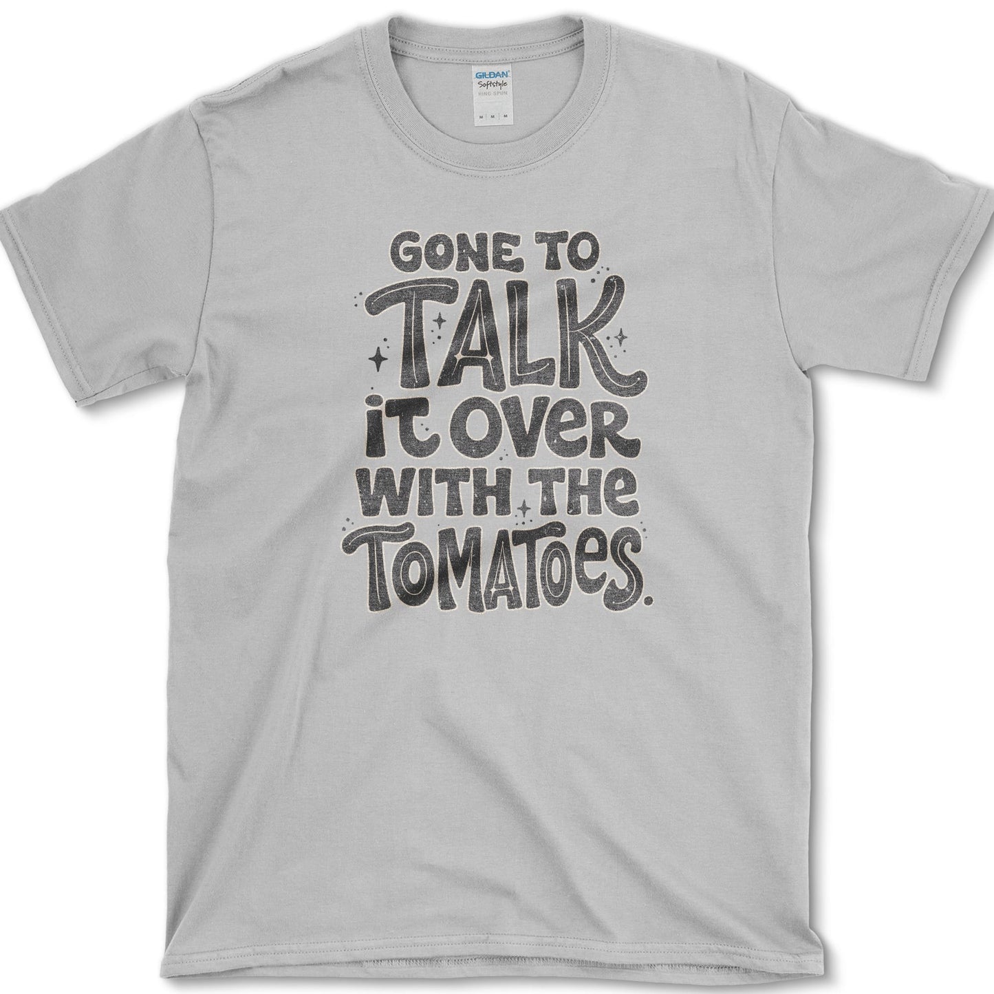 Talk With Tomatoes design featuring tomatoes artwork on a t-shirt