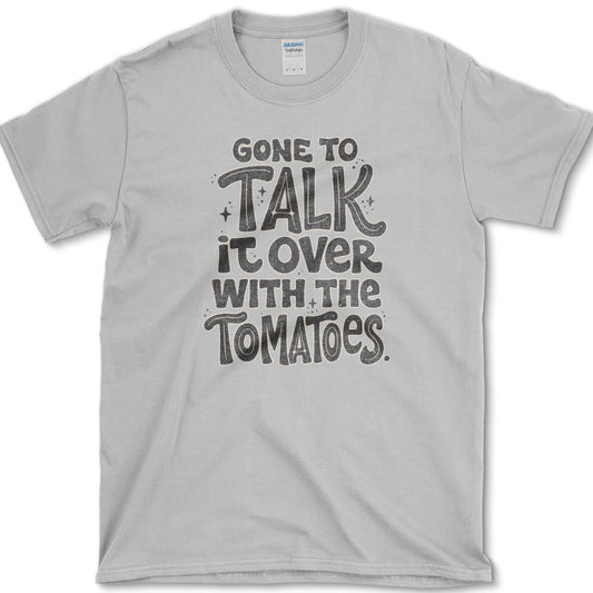 Talk With Tomatoes design featuring tomatoes artwork on a t-shirt
