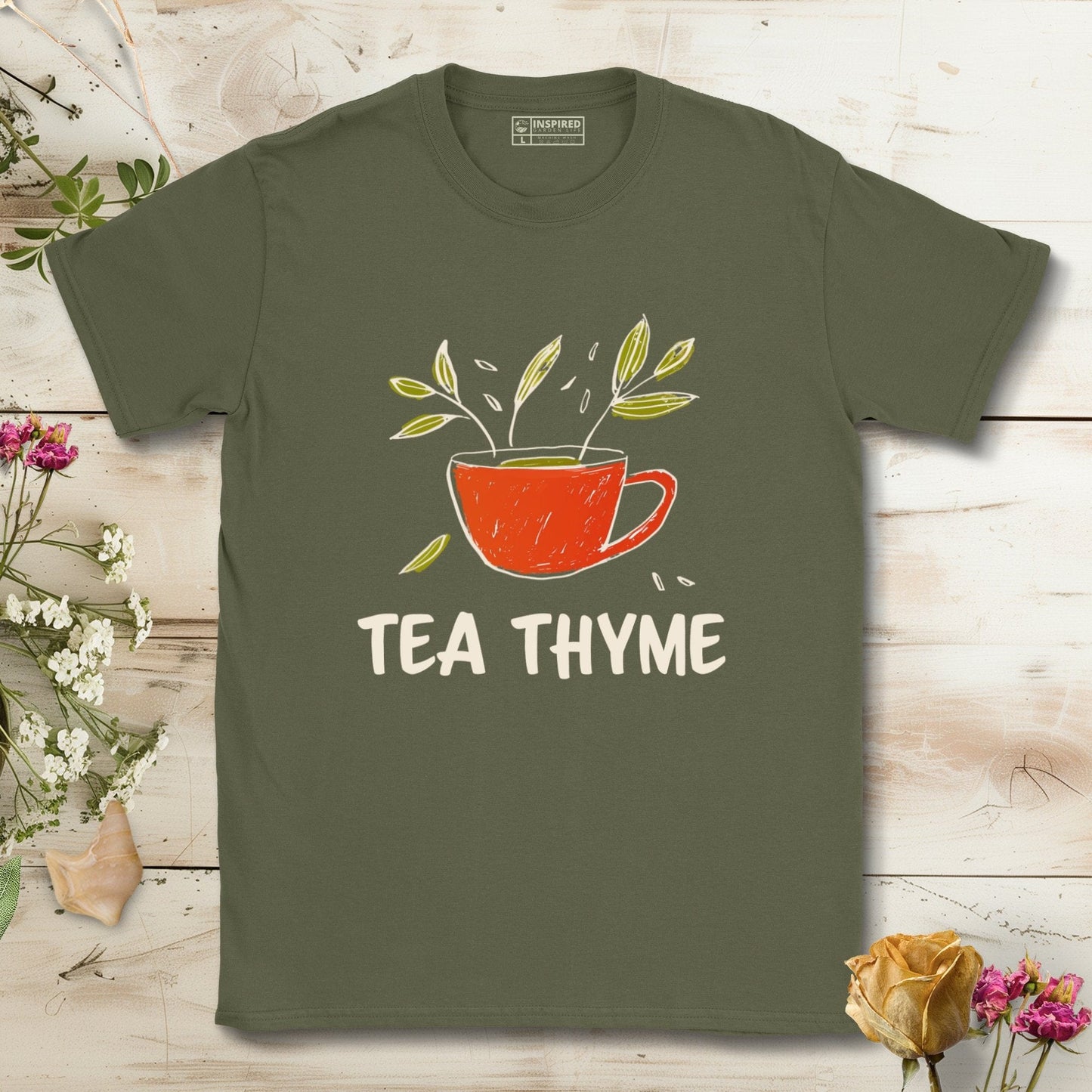 Tea Thyme Cup With Leaves Illustration T-Shirt Military Green / S T-Shirt