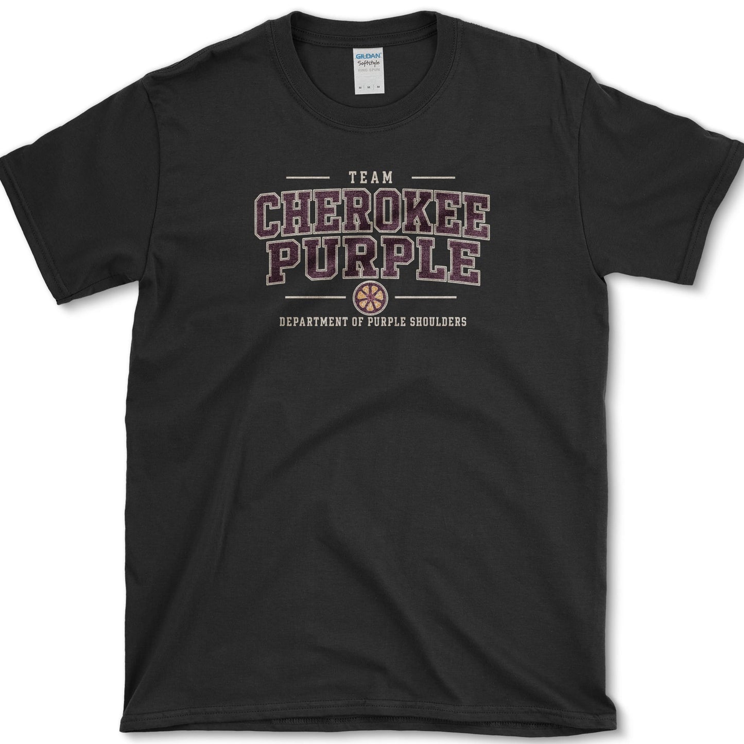 Team Cherokee Purple artwork featuring Cherokee Purple tomato and heirloom tomato on a t-shirt