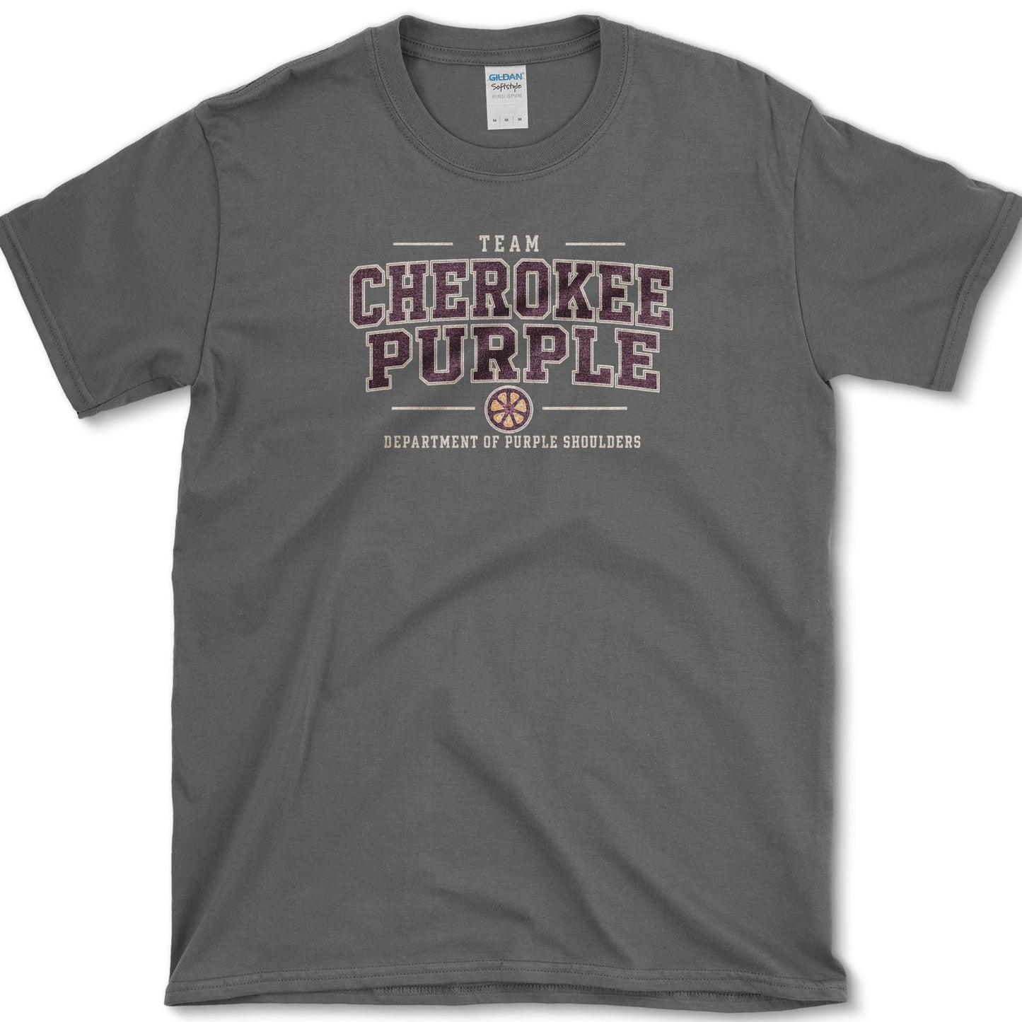 Team Cherokee Purple artwork featuring Cherokee Purple tomato and heirloom tomato on a t-shirt