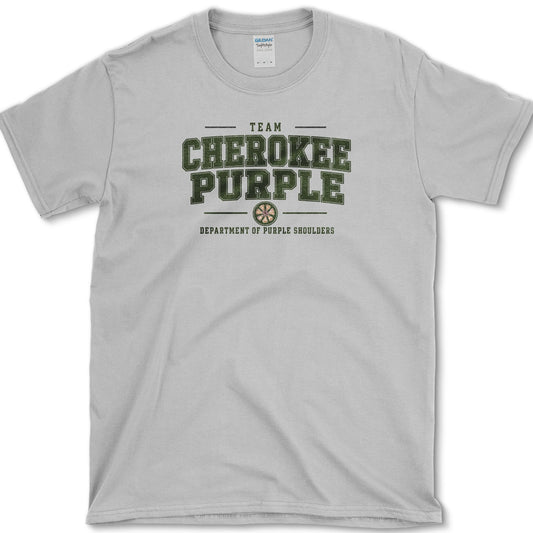 Team Cherokee Purple artwork featuring Cherokee Purple tomato and heirloom tomato on a t-shirt