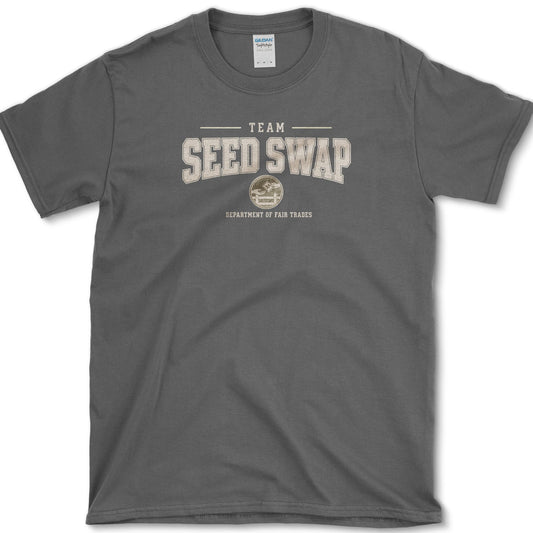 Team Seed Swap artwork featuring seed swap and seed packet on a t-shirt