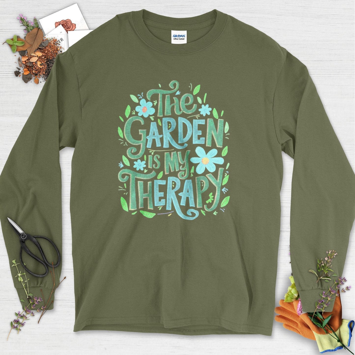 The Garden Is My Therapy Graphic Long Sleeve Military Green / S Physical Item