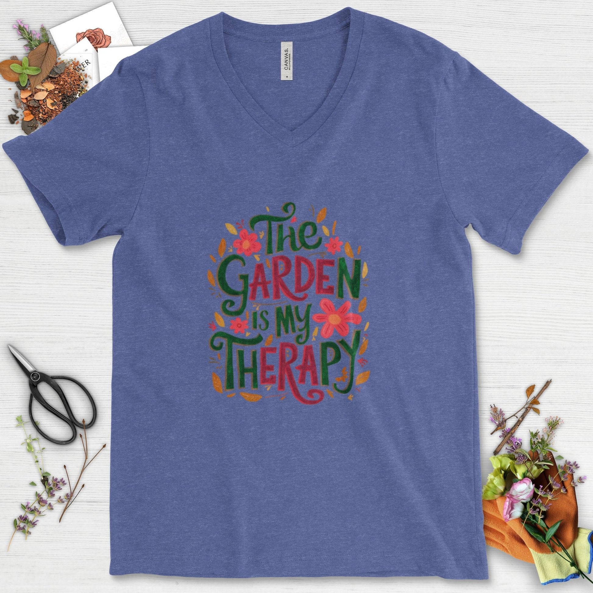 The Garden Is My Therapy Graphic V-Neck Heather True Royal / S Physical Item