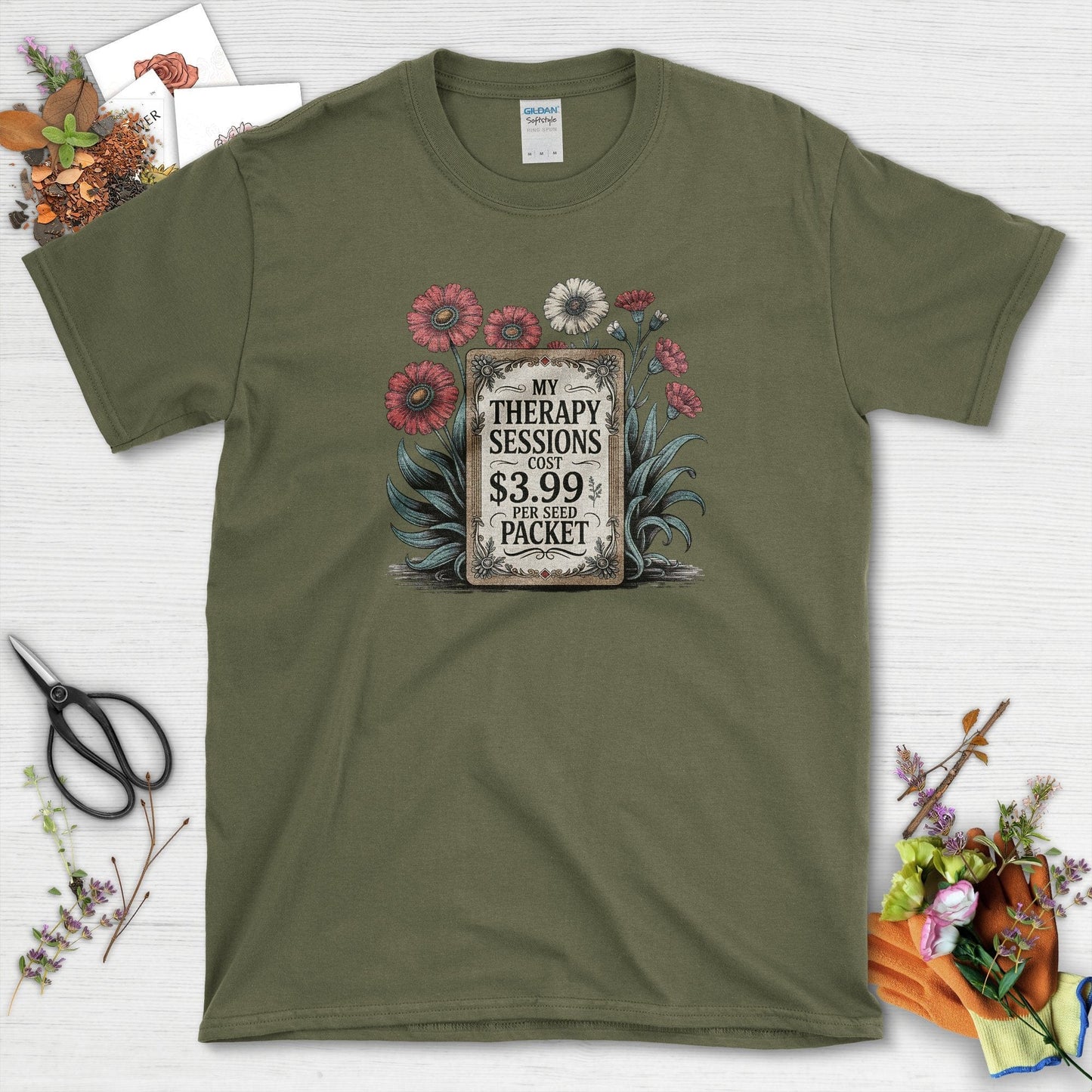 Therapy Sessions Seed Packet T-Shirt Military Green / S T-Shirt