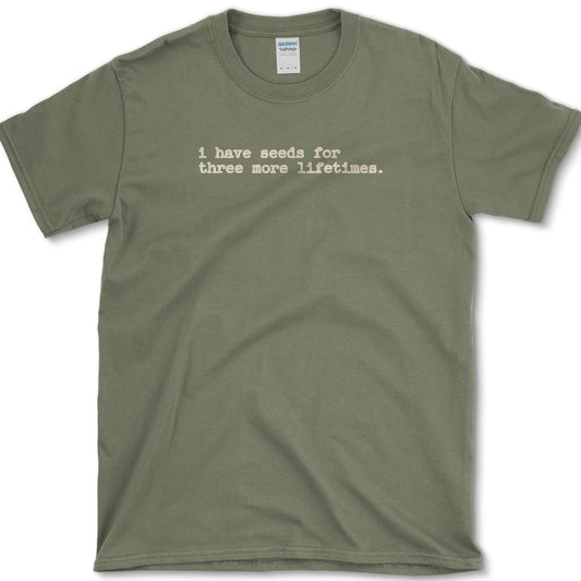 Three More Lifetimes design featuring seed collection artwork on a t-shirt