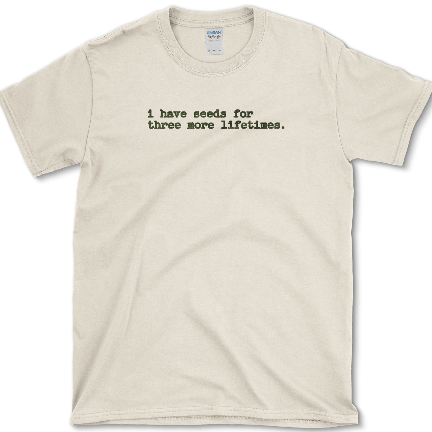 Three More Lifetimes design featuring seed collection artwork on a t-shirt