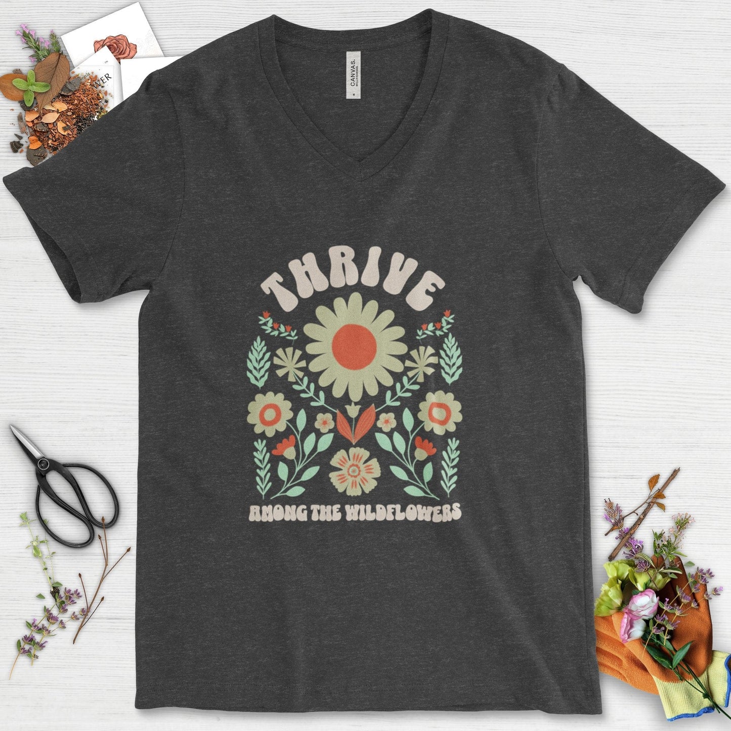 Thrive Among the Wildflowers V-Neck Dark Grey Heather / S T-Shirt