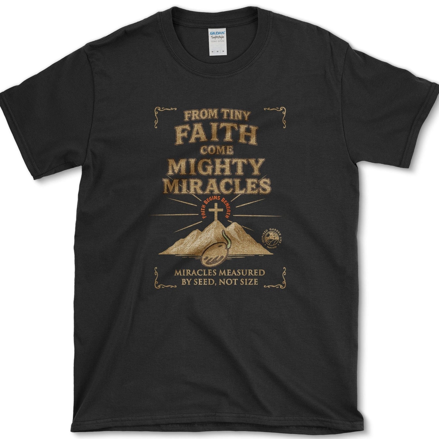 Tiny Faith Mighty Miracles T-Shirt Essential Tees / S / Black Physical Item