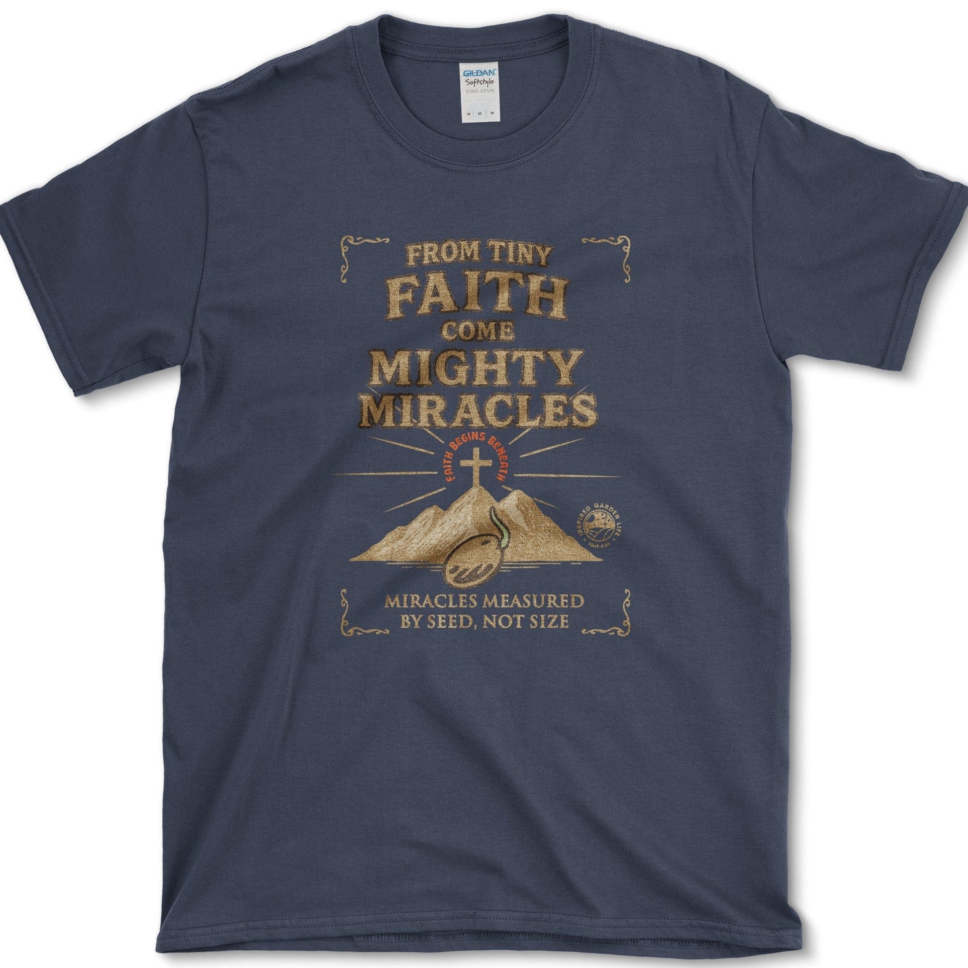 Tiny Faith Mighty Miracles T-Shirt Essential Tees / S / Navy Physical Item