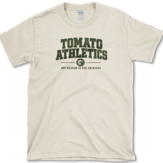 Tomato Athletics design featuring tomato gardener artwork on a t-shirt