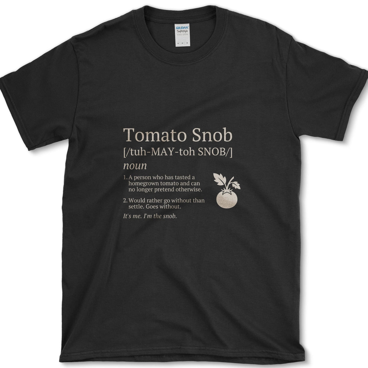 Cream Tomato Snob mock dictionary entry beside a ripe red tomato illustration on a T-shirt