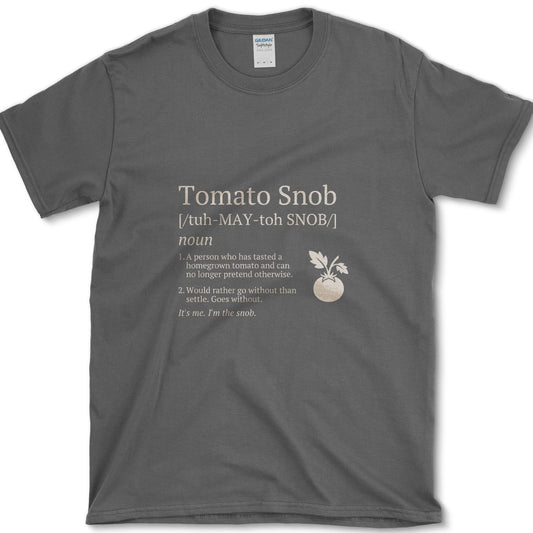 Cream Tomato Snob mock dictionary entry beside a ripe red tomato illustration on a T-shirt