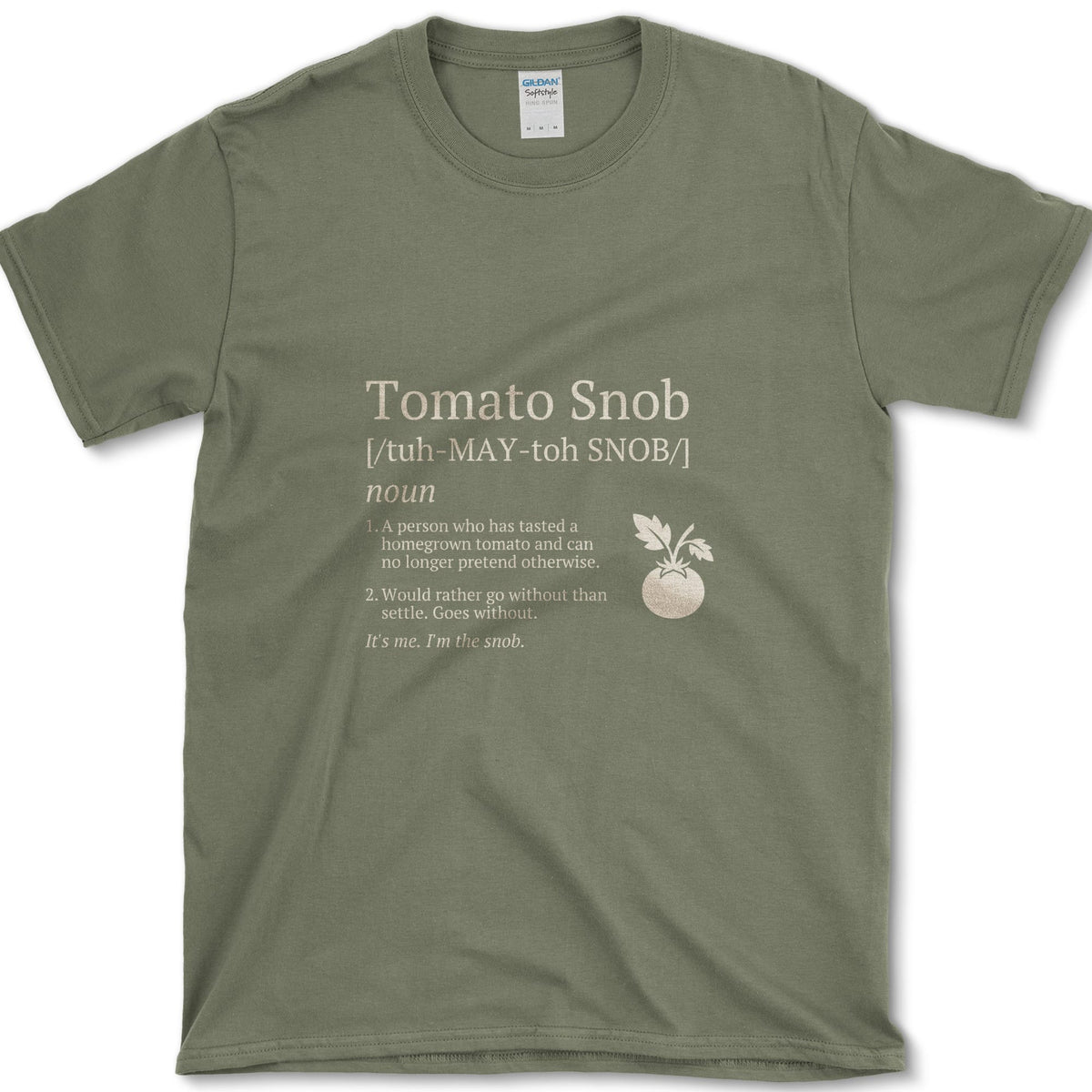 Cream Tomato Snob mock dictionary entry beside a ripe red tomato illustration on a T-shirt