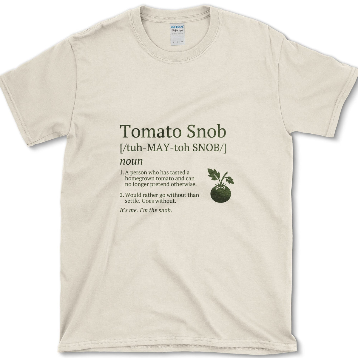 Cream Tomato Snob mock dictionary entry beside a ripe red tomato illustration on a T-shirt