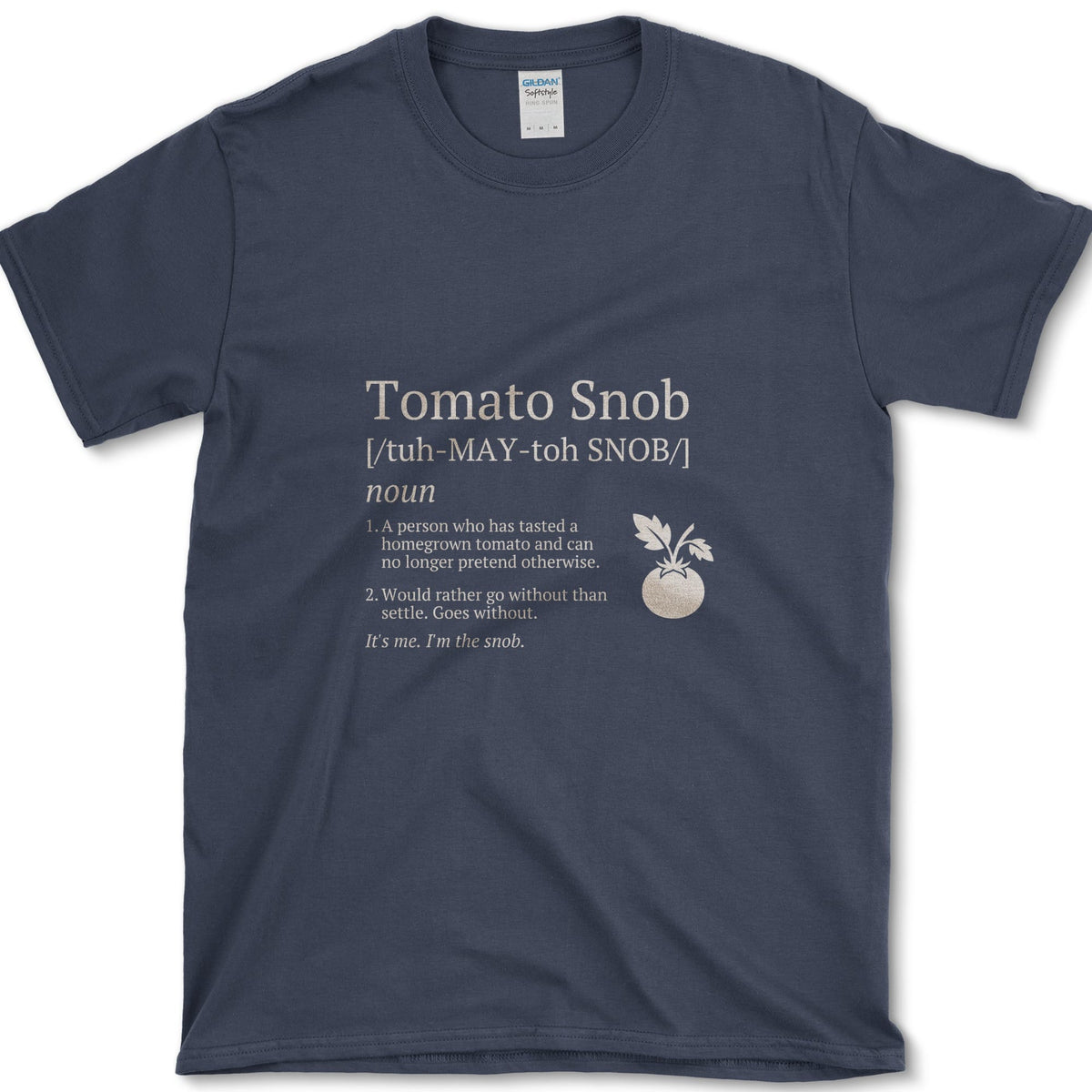 Cream Tomato Snob mock dictionary entry beside a ripe red tomato illustration on a T-shirt