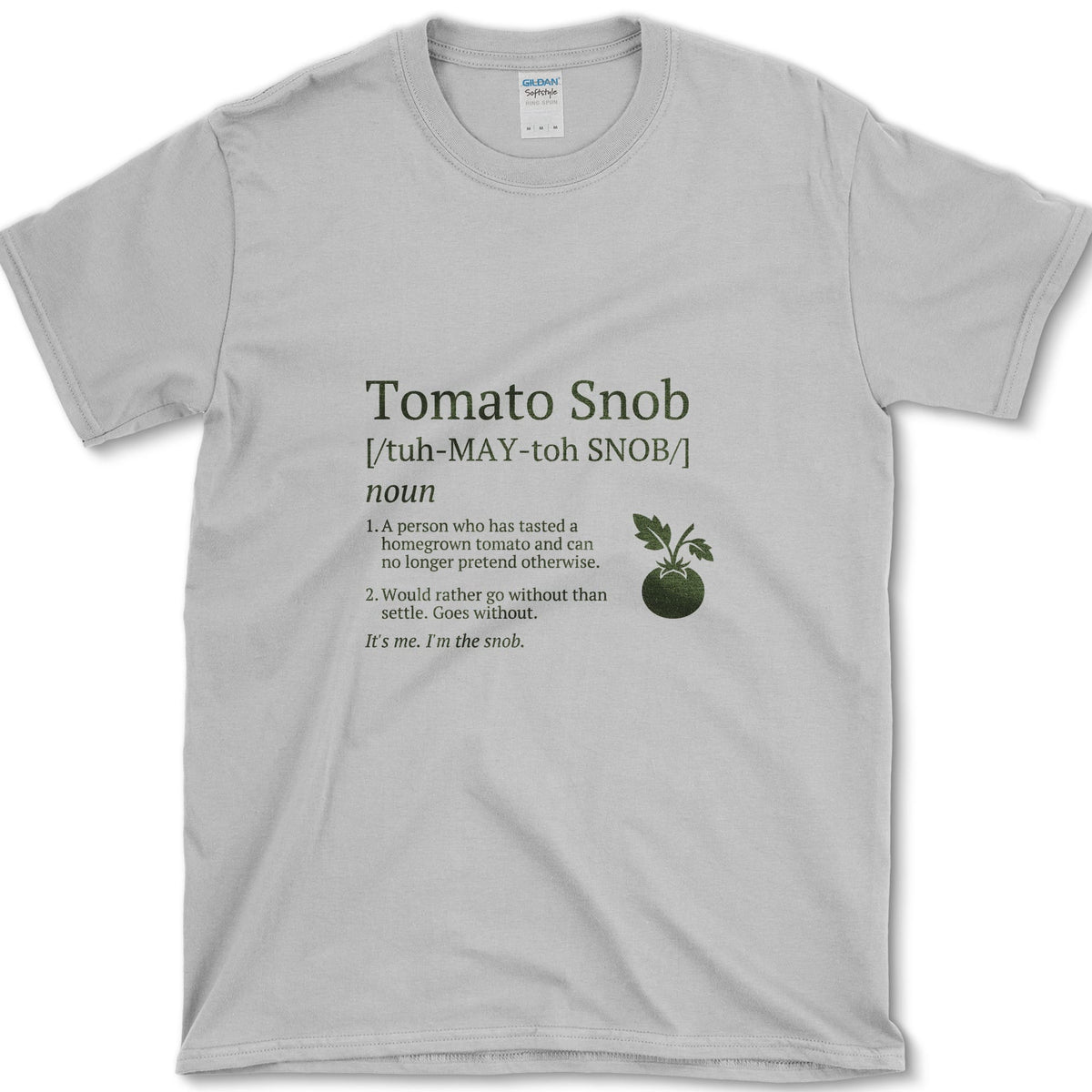 Cream Tomato Snob mock dictionary entry beside a ripe red tomato illustration on a T-shirt