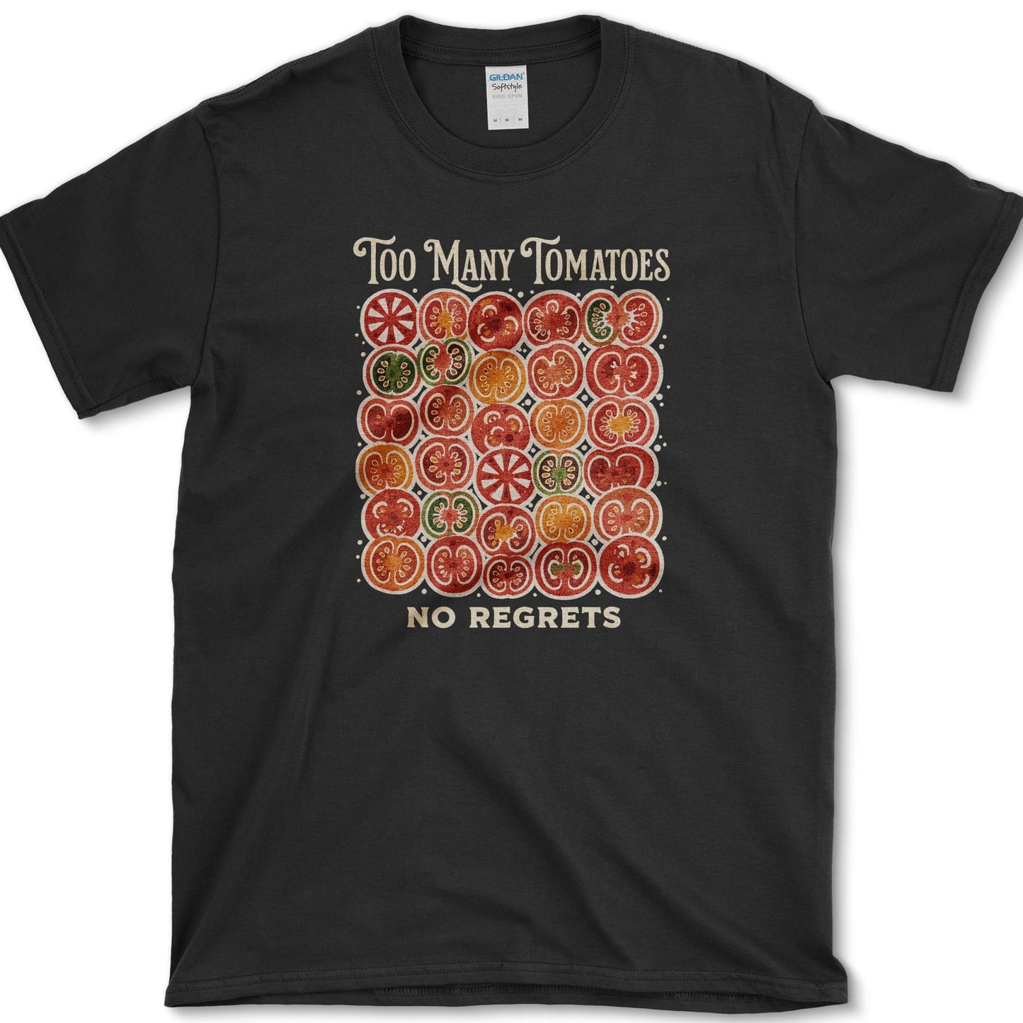 Too Many Tomatoes No Regrets T-Shirt S / Black Essential Tees