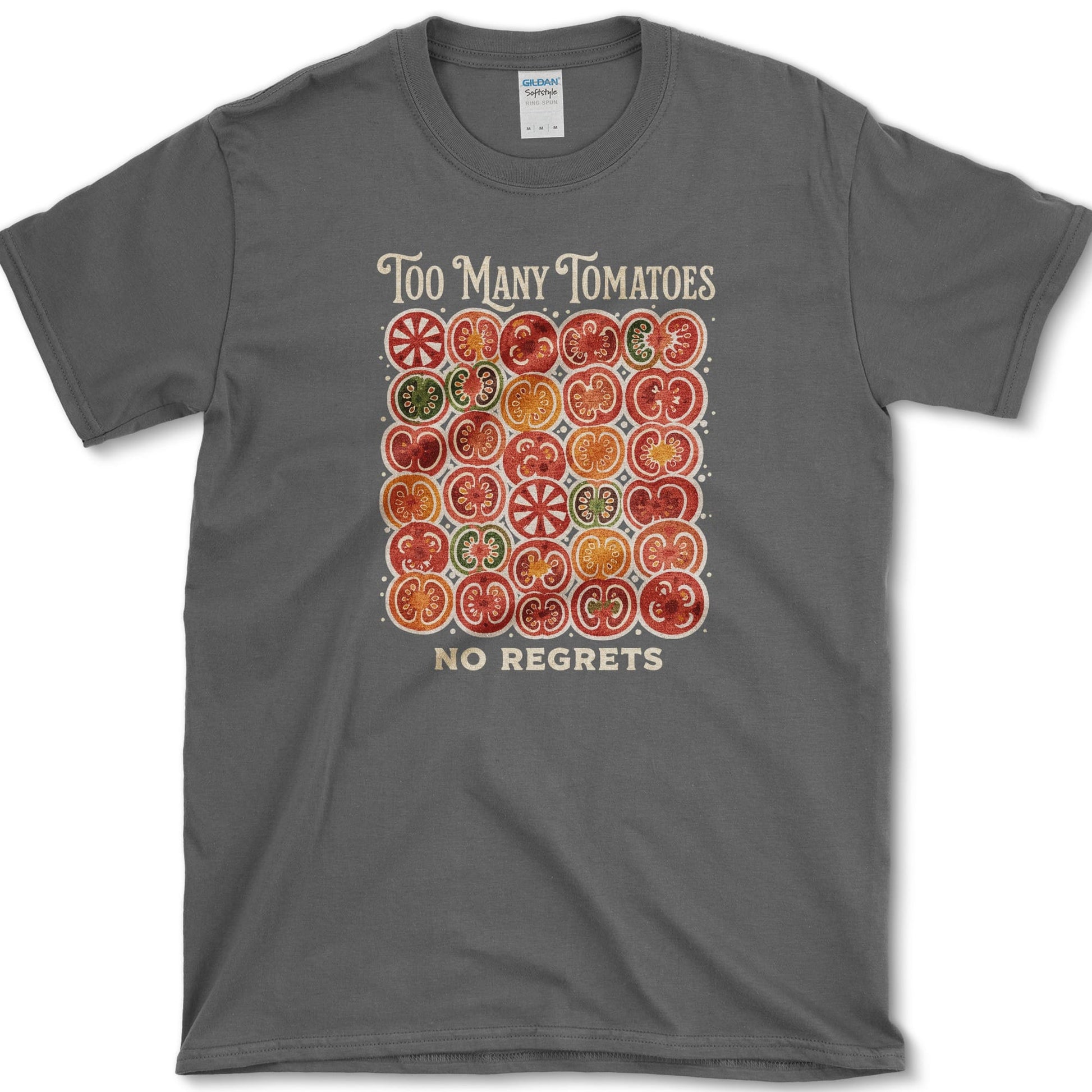 Too Many Tomatoes No Regrets T-Shirt S / Dark Heather Essential Tees