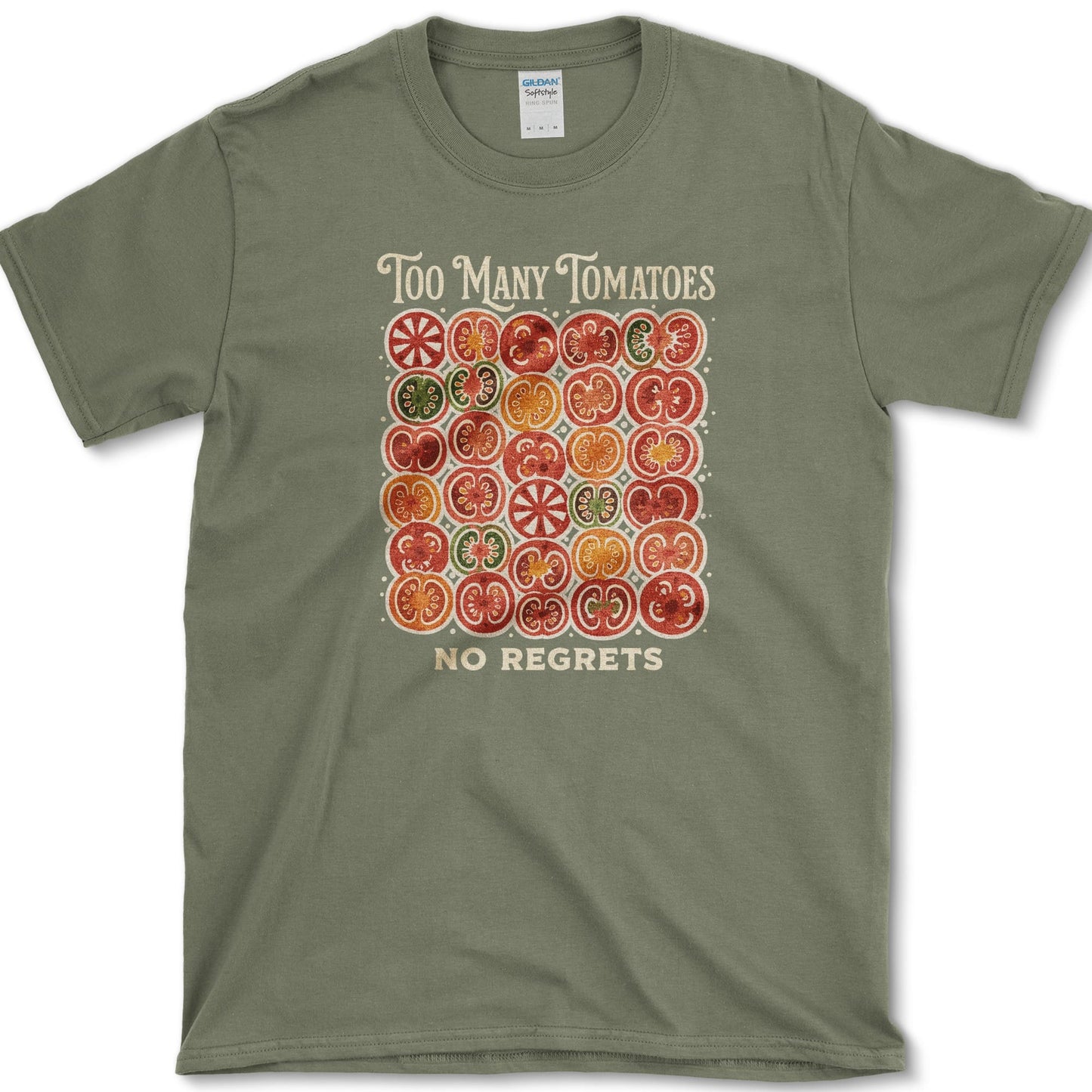 Too Many Tomatoes No Regrets T-Shirt S / Military Green Essential Tees