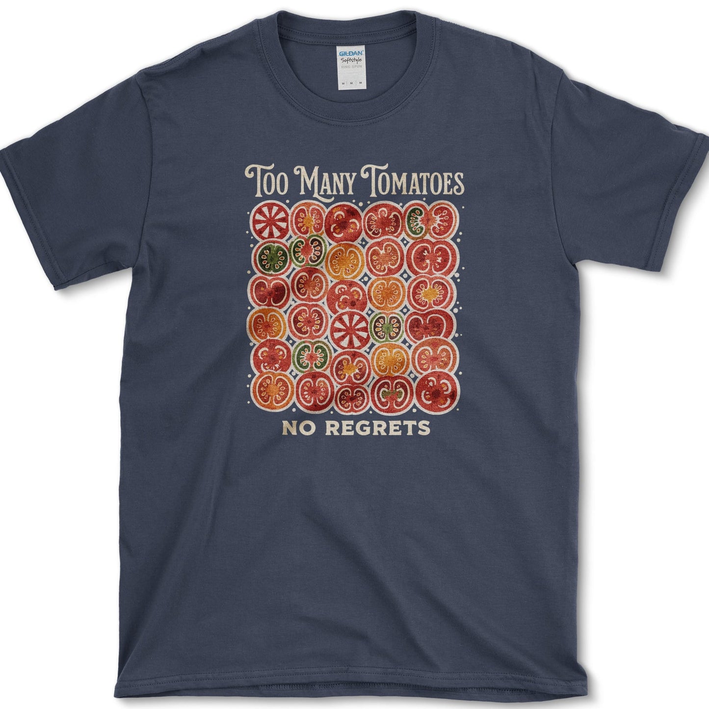 Too Many Tomatoes No Regrets T-Shirt S / Navy Essential Tees