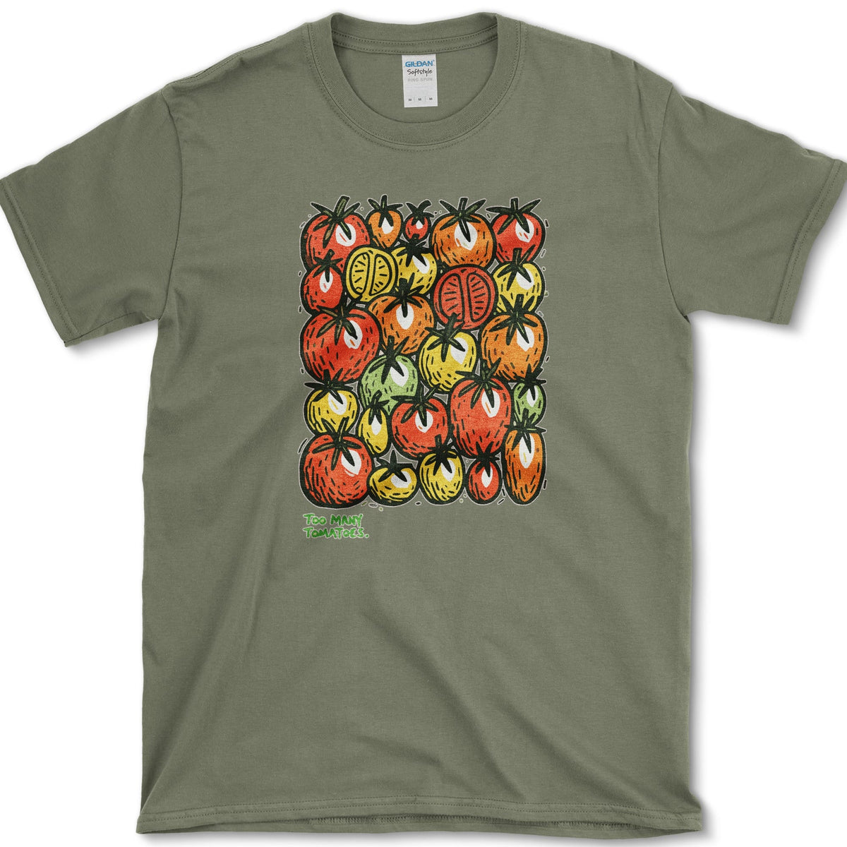 Too Many Tomatoes T-Shirt S / Military Green Essential Tees