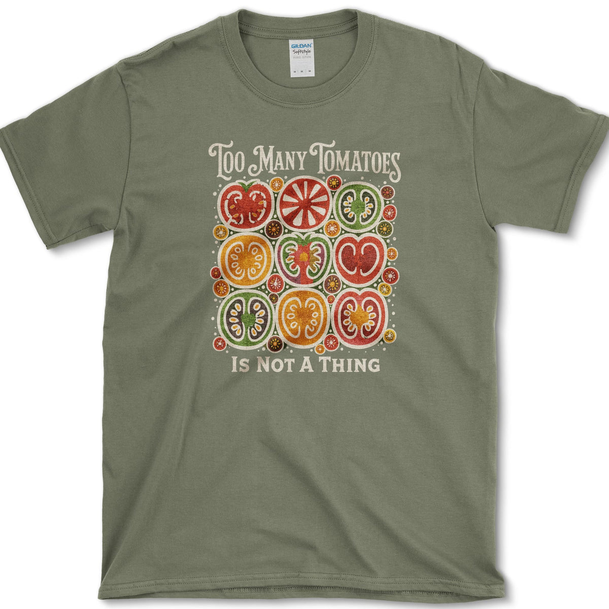 Too Many Tomatoes T-Shirt S / Military Green Essential Tees
