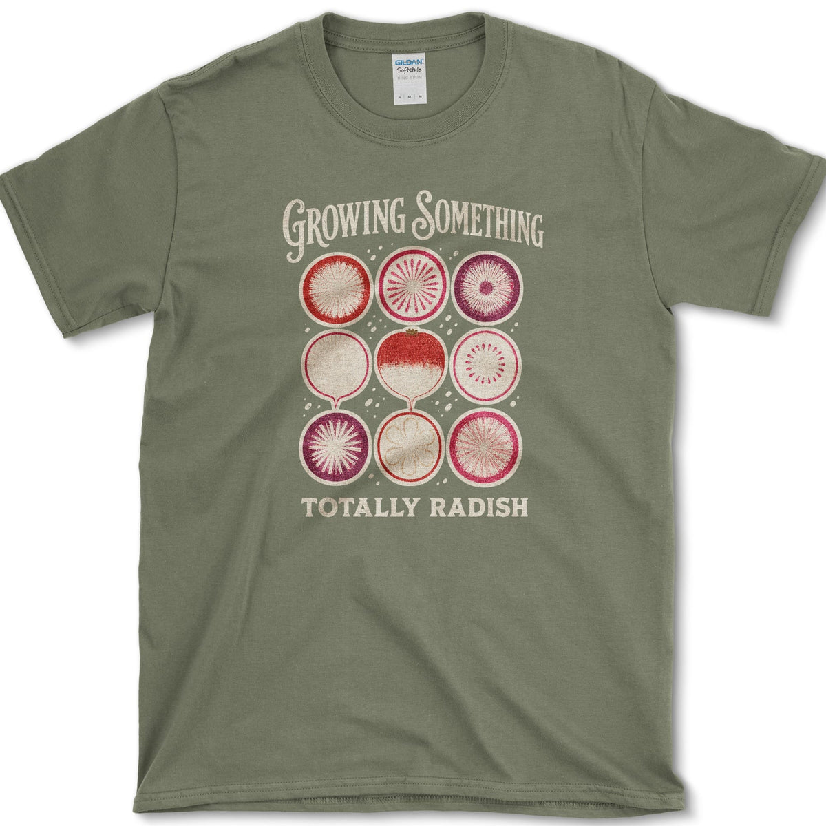 Nine red and pink radish cross-sections beneath Growing Something and above Totally Radish lettering