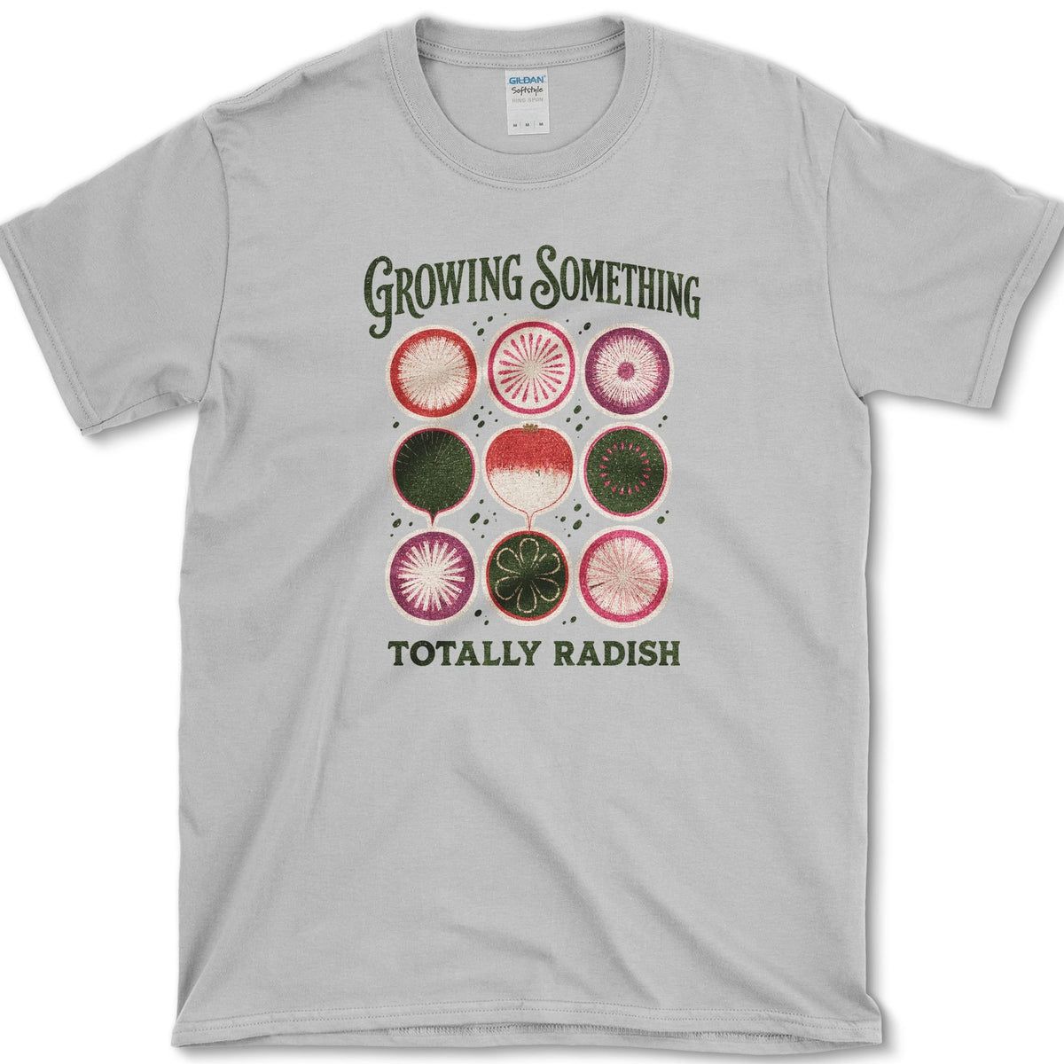 Nine red and pink radish cross-sections beneath Growing Something and above Totally Radish lettering