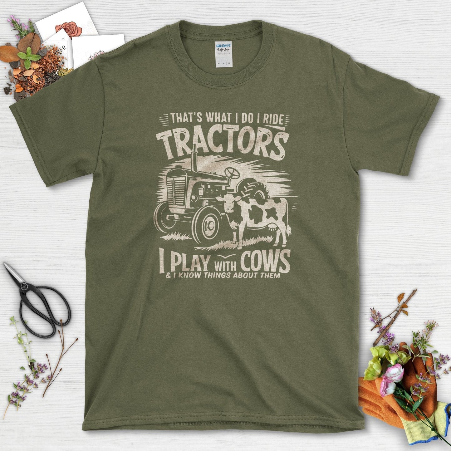 Tractor Cows Fun T-Shirt Military Green / S T-Shirt