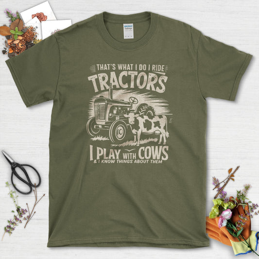 Tractor Cows Fun T-Shirt T-Shirts / S / Military Green Physical Item