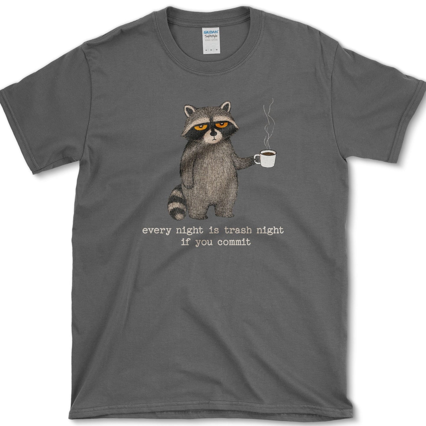 Trash Night artwork featuring trash night raccoon and raccoon on a t-shirt