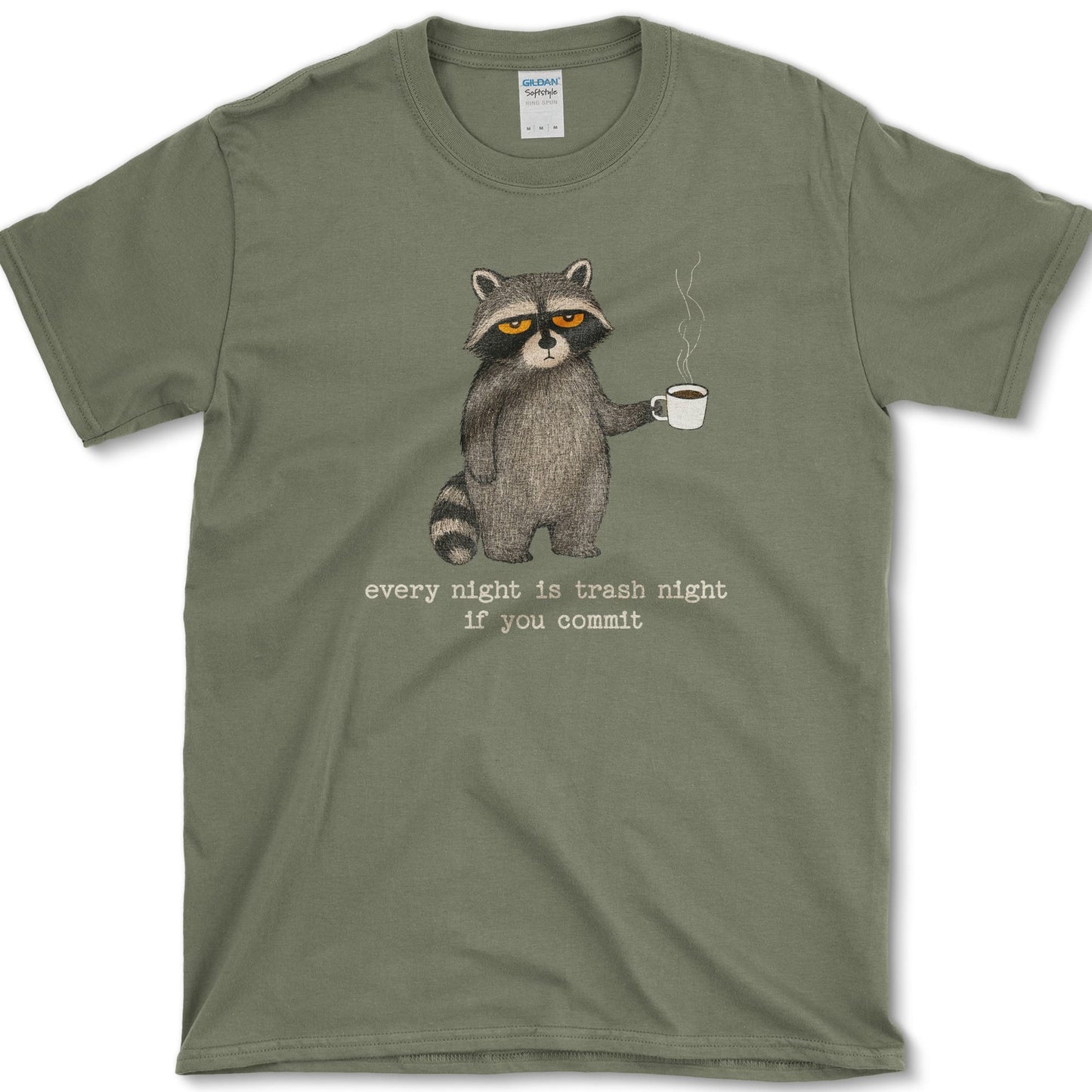 Trash Night artwork featuring trash night raccoon and raccoon on a t-shirt