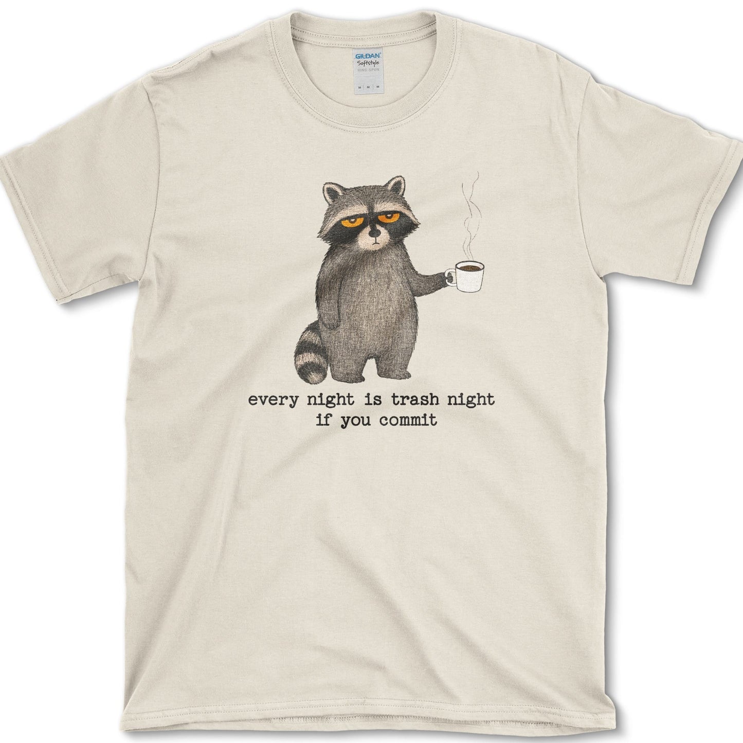 Trash Night artwork featuring trash night raccoon and raccoon on a t-shirt